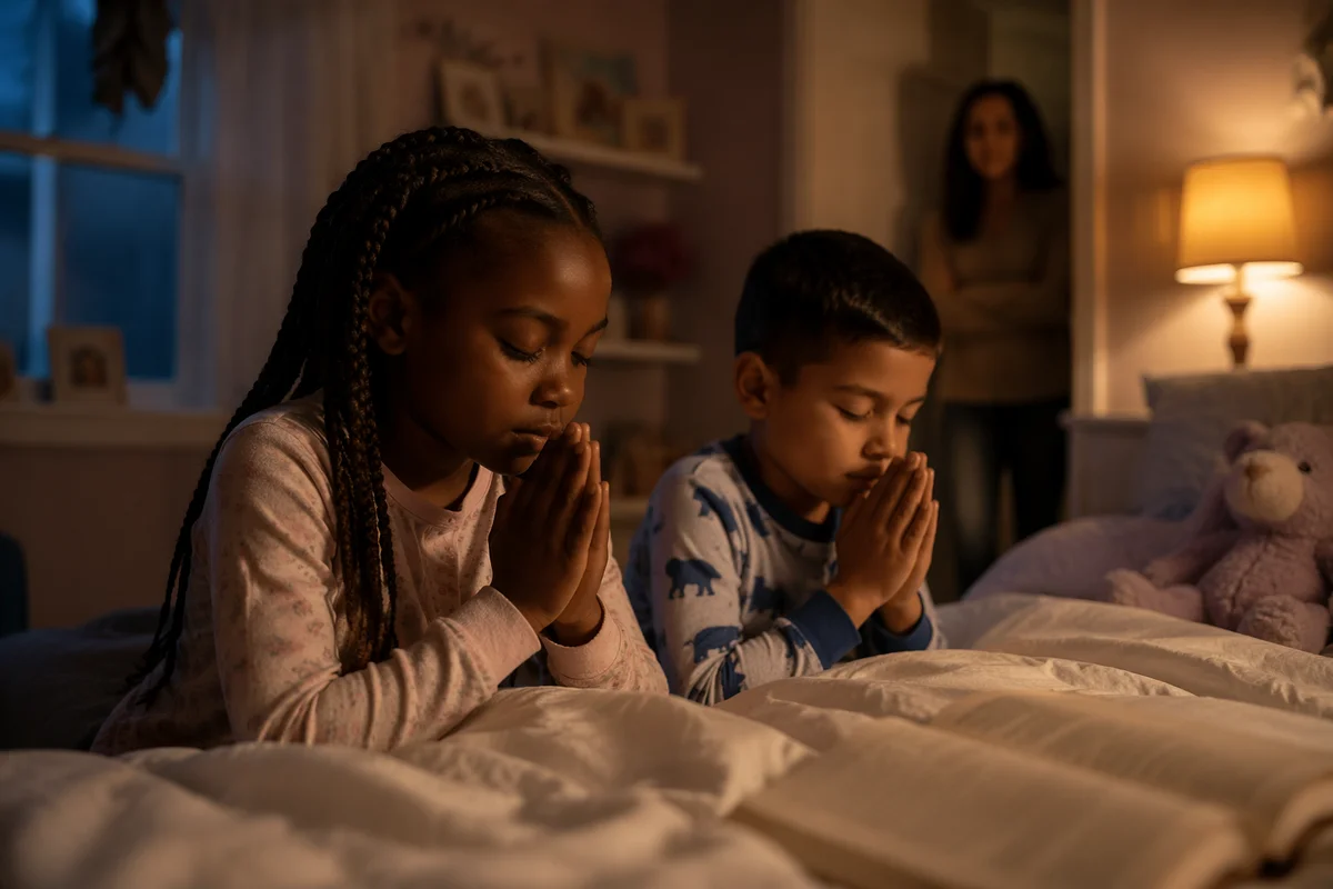 Siblings Praying Beside Bed at Night
