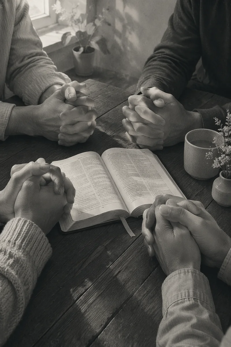 Adult Hands in Prayer Around Book