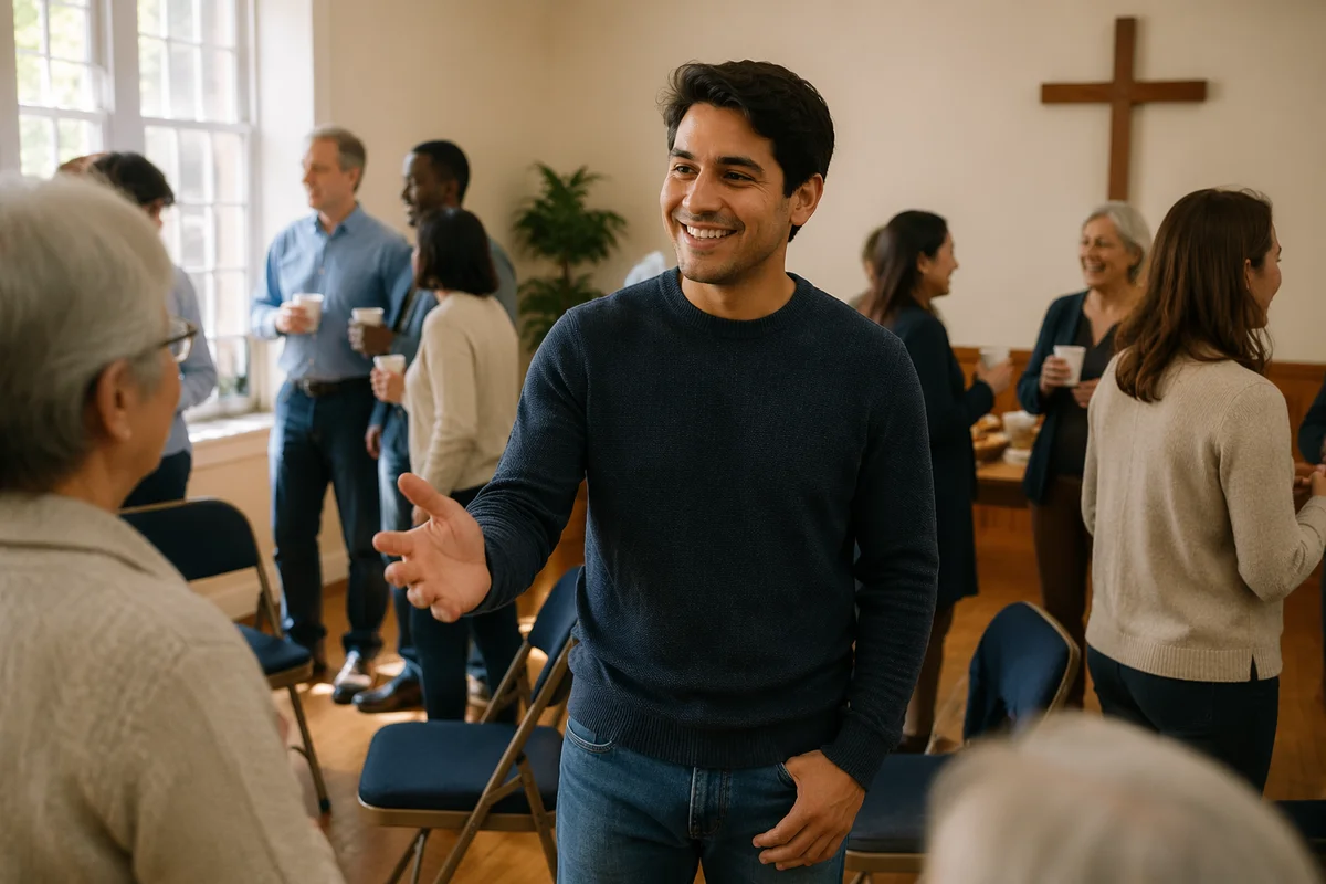 Man Greeting Group in Community Hall