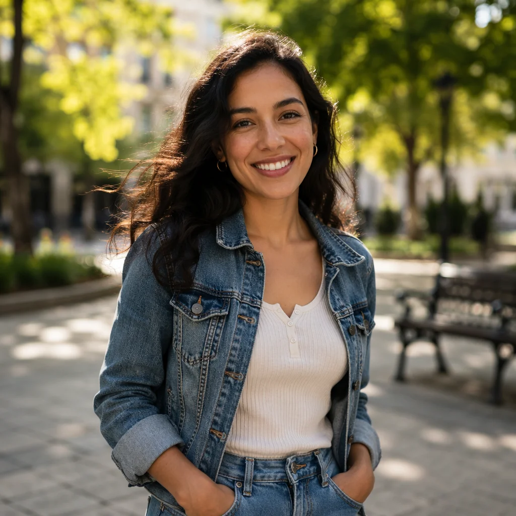 Smiling Young Woman in Urban Park