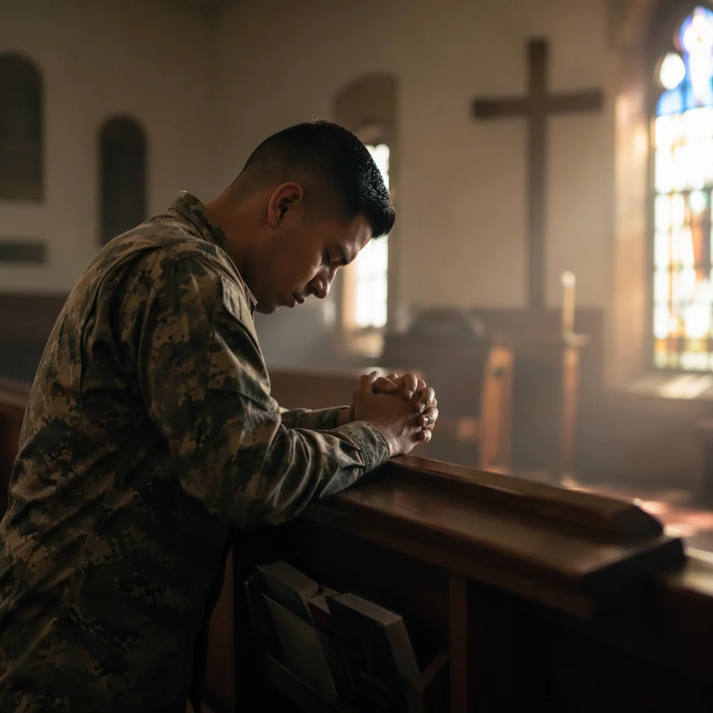 Soldier Kneeling in Prayer at Chapel