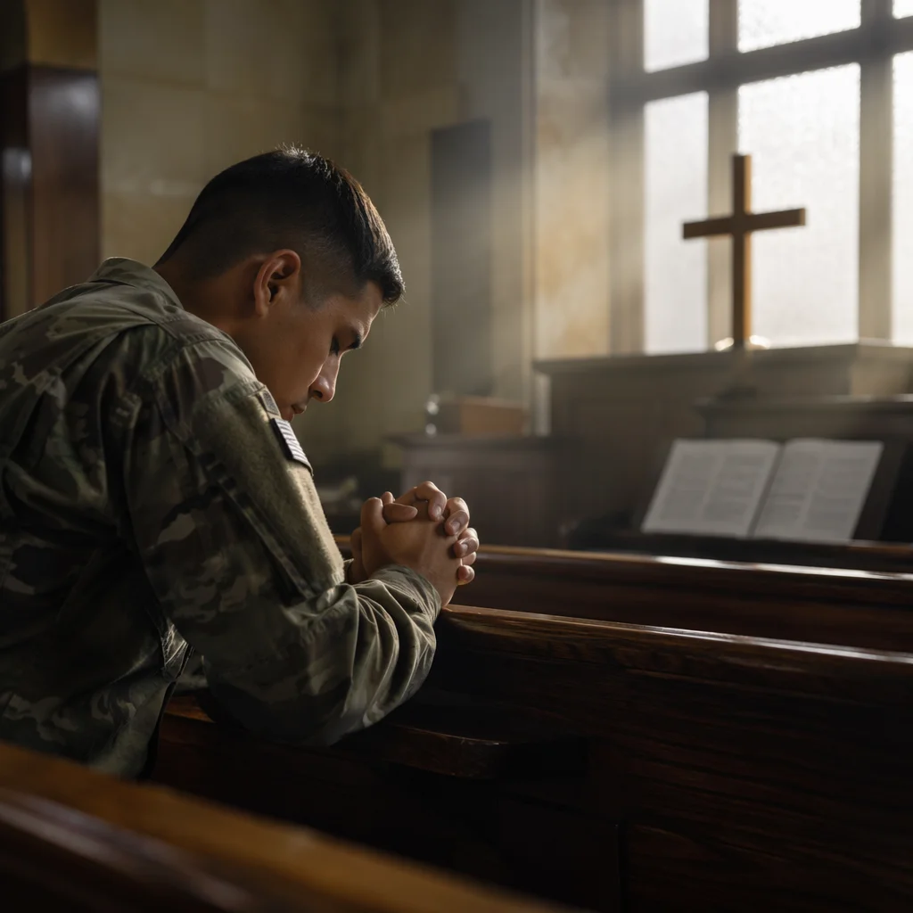 Soldier Kneeling in Quiet Chapel at Dawn