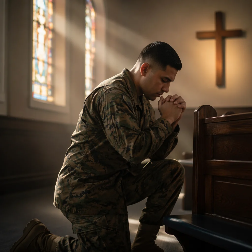 Soldier Kneeling in Military Chapel Prayer