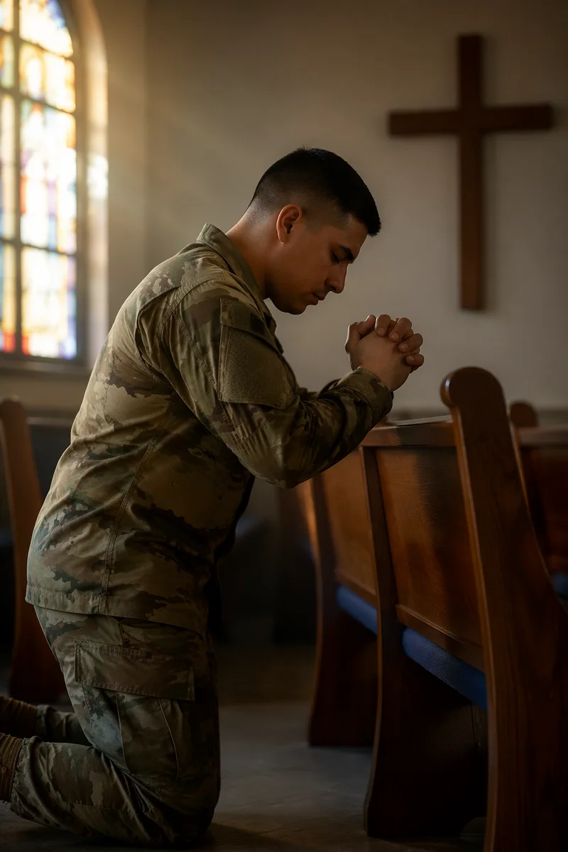 Soldier Praying Beside Pew in Chapel