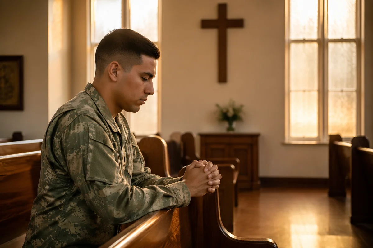 Soldier Praying Alone in Military Chapel