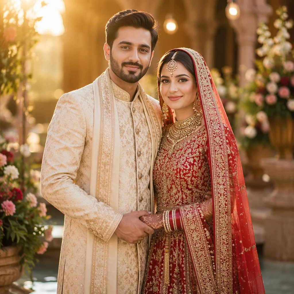South Asian Newlywed Couple in Garden Courtyard