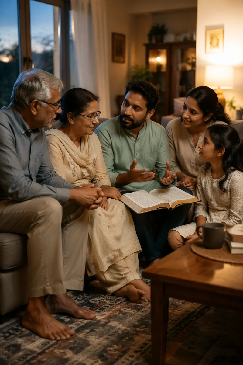 South Asian Family Reading Together at Home