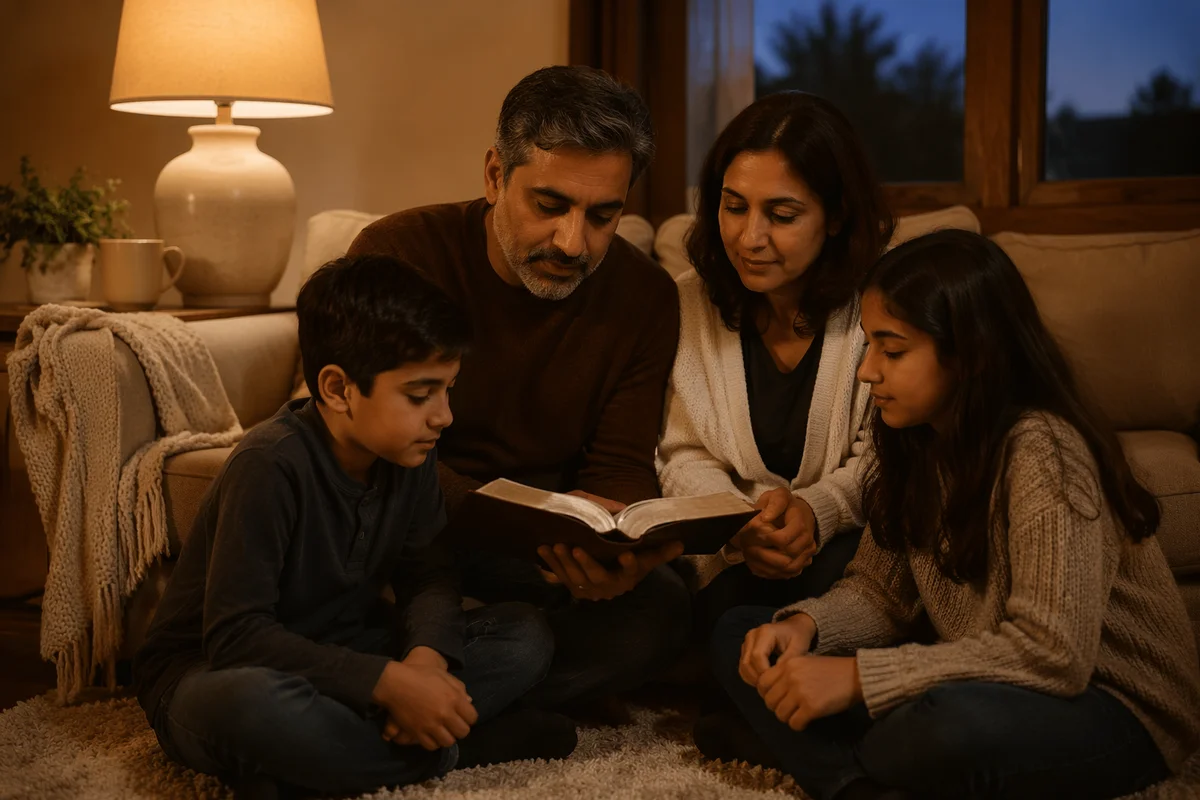 South Asian Family Reading Together at Home