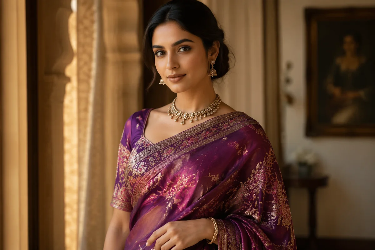Elegant South Asian Woman in Silk Sari