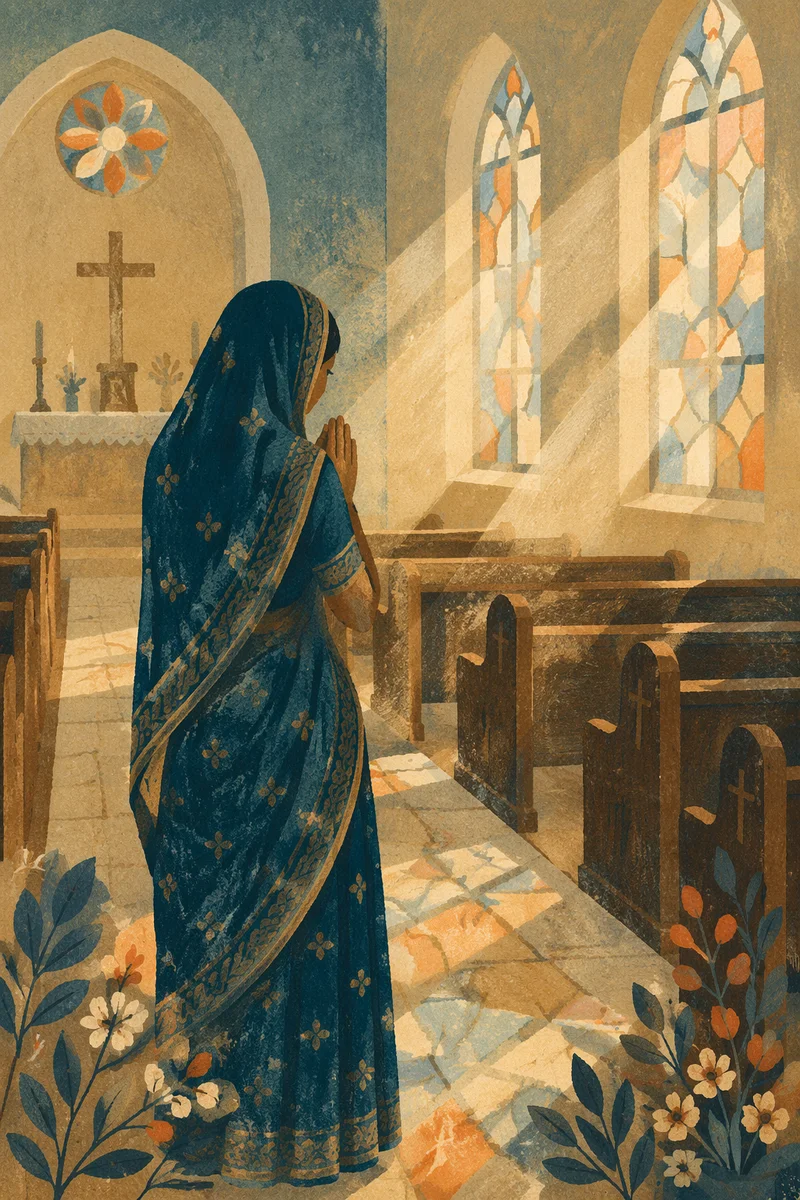 South Asian Woman Praying in Church Aisle