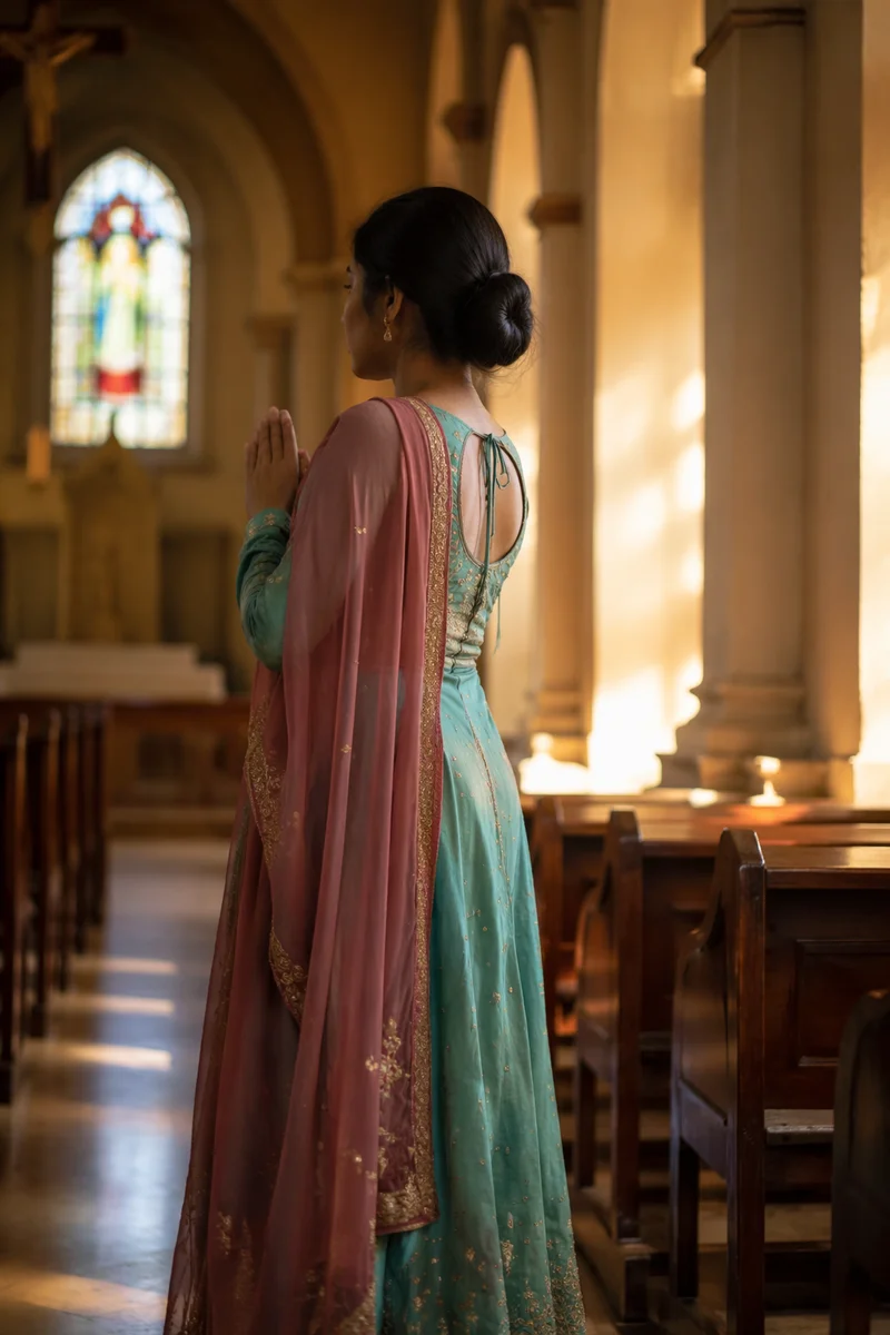 South Asian Woman Praying in Church Aisle