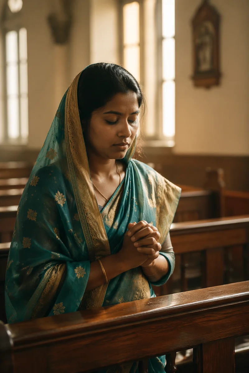 South Asian Woman Praying in Teal Sari