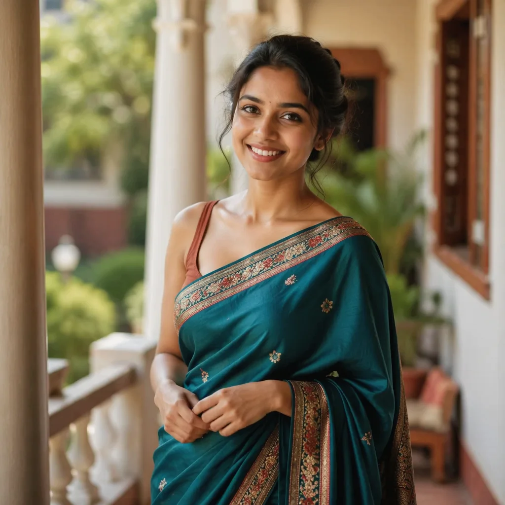 Smiling South Asian Woman in Teal Sari