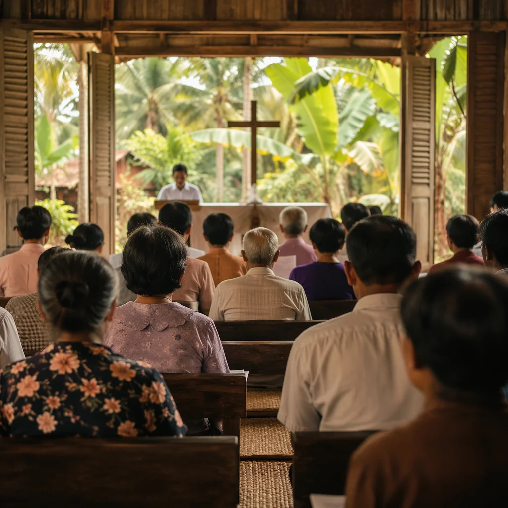 Open-Air Church Service in Tropical Village