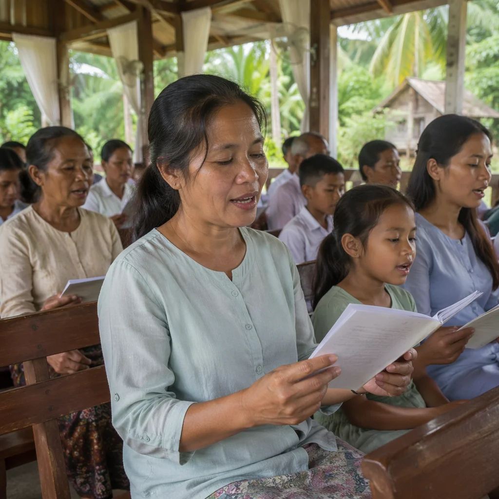 Open-Air Church Service in Tropical Village