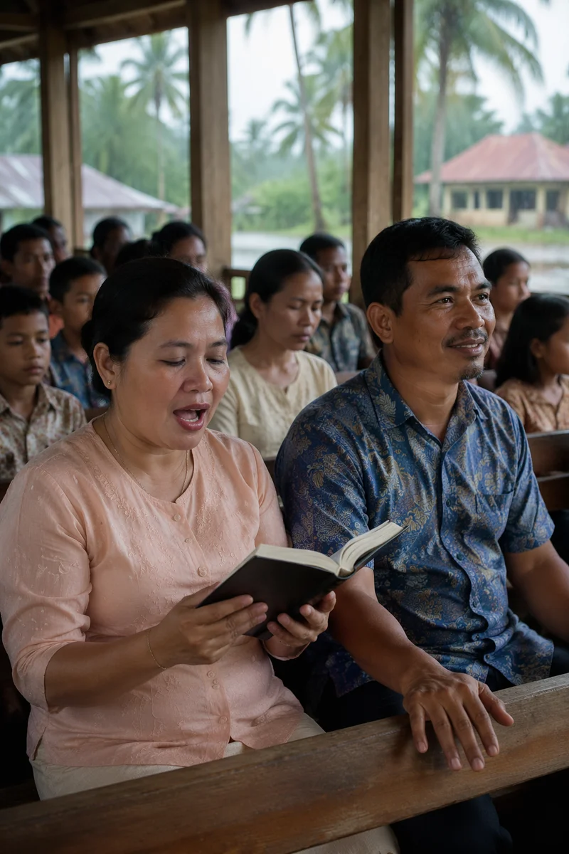Tropical Village Church Service Inside Wooden Chapel