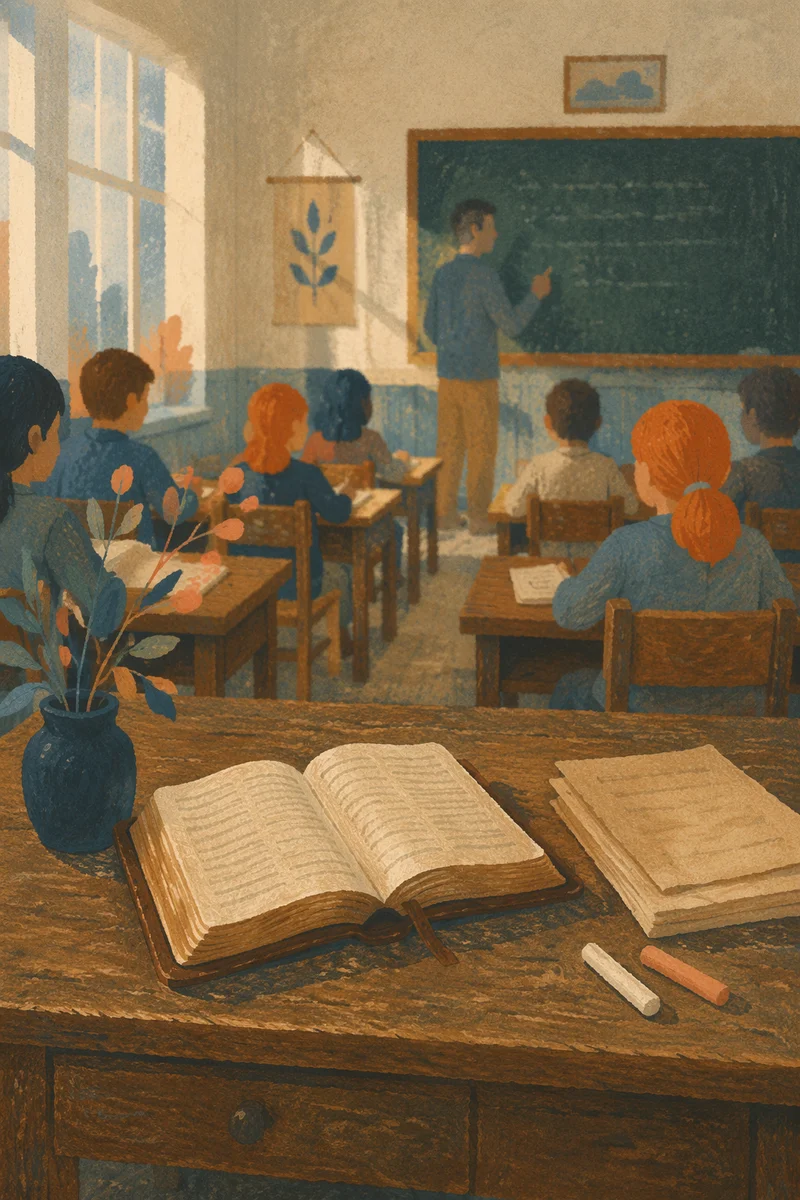 Open Bible on Teacher Desk at Dawn