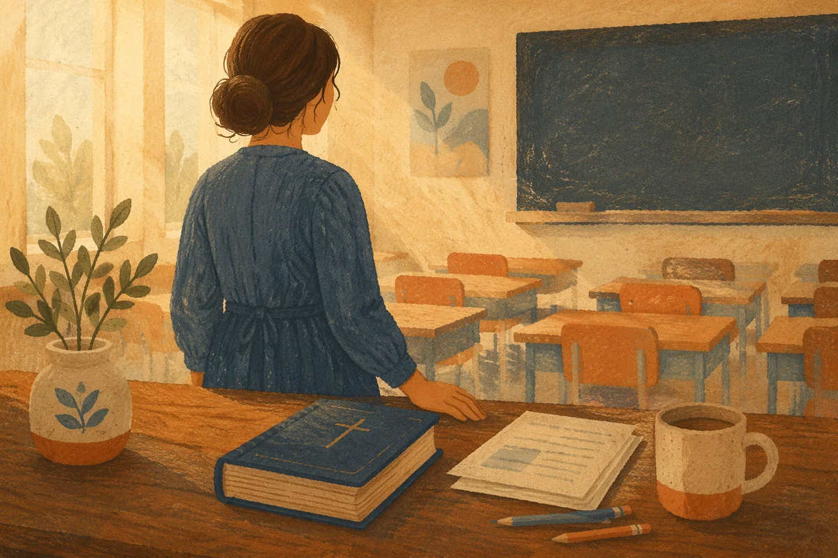 Quiet Classroom Teacher with Bible at Dawn