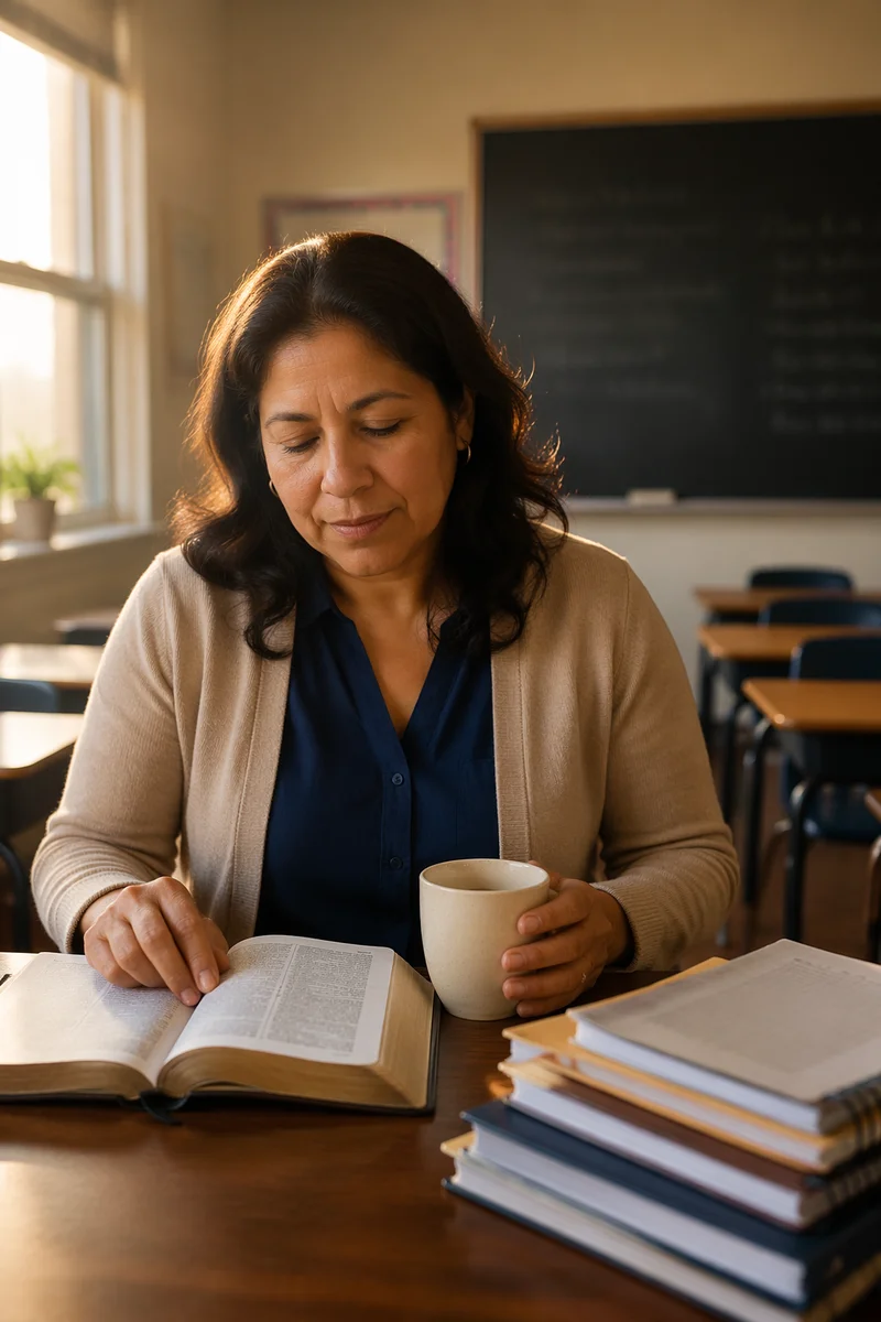 Teacher Reading Bible in Quiet Classroom