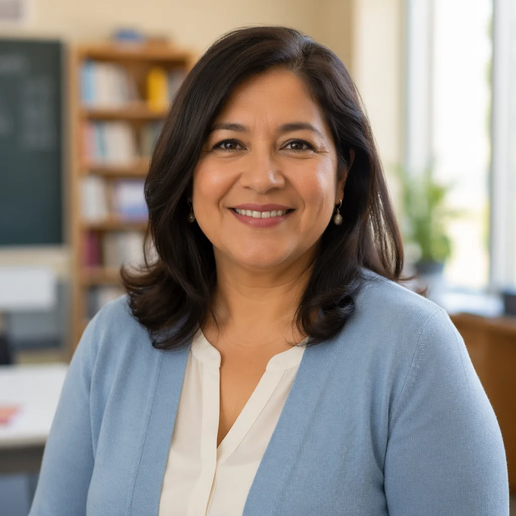 Friendly Female Teacher Portrait in Classroom