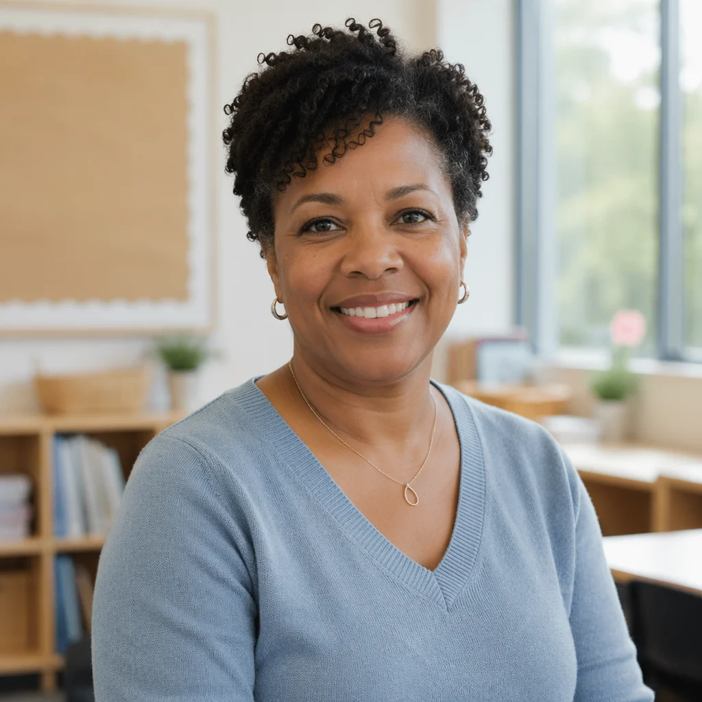 Friendly Teacher Portrait in Bright Classroom