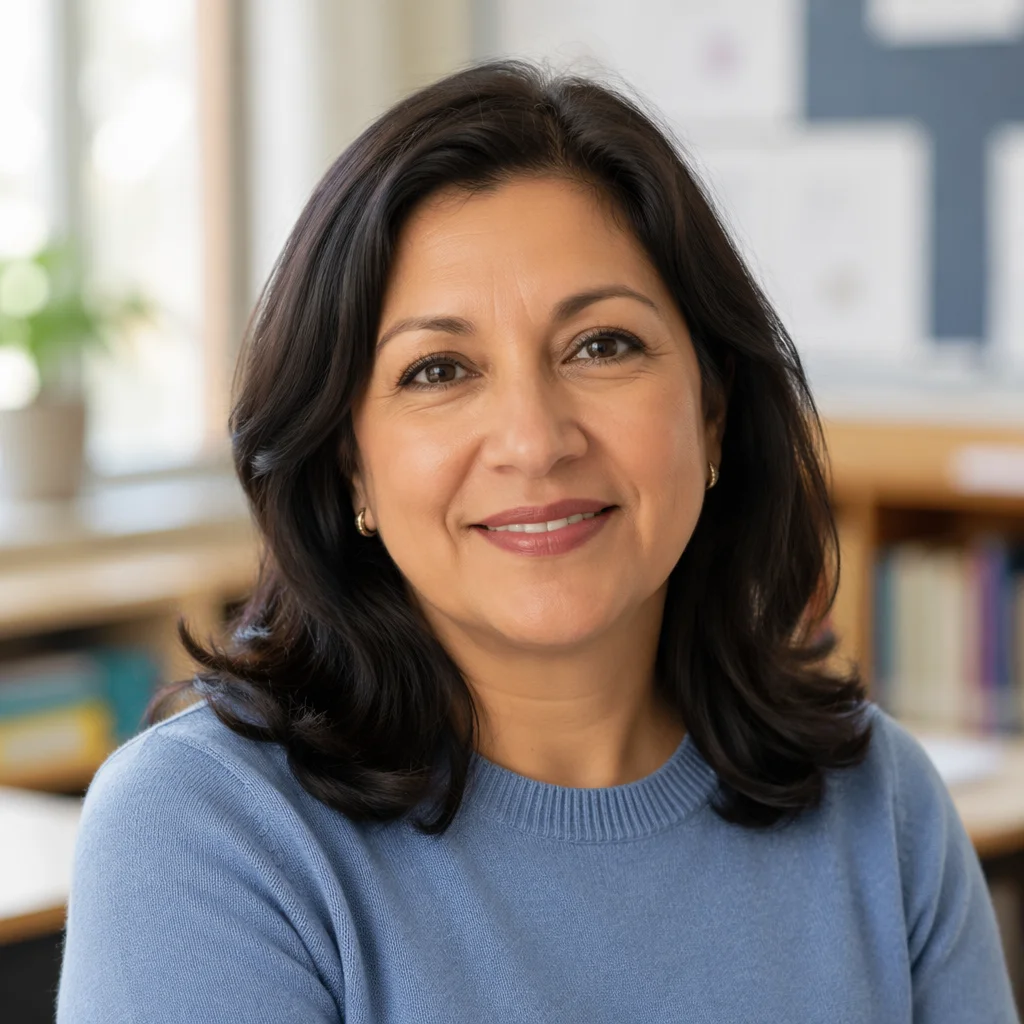 Friendly Female Teacher Classroom Headshot Portrait