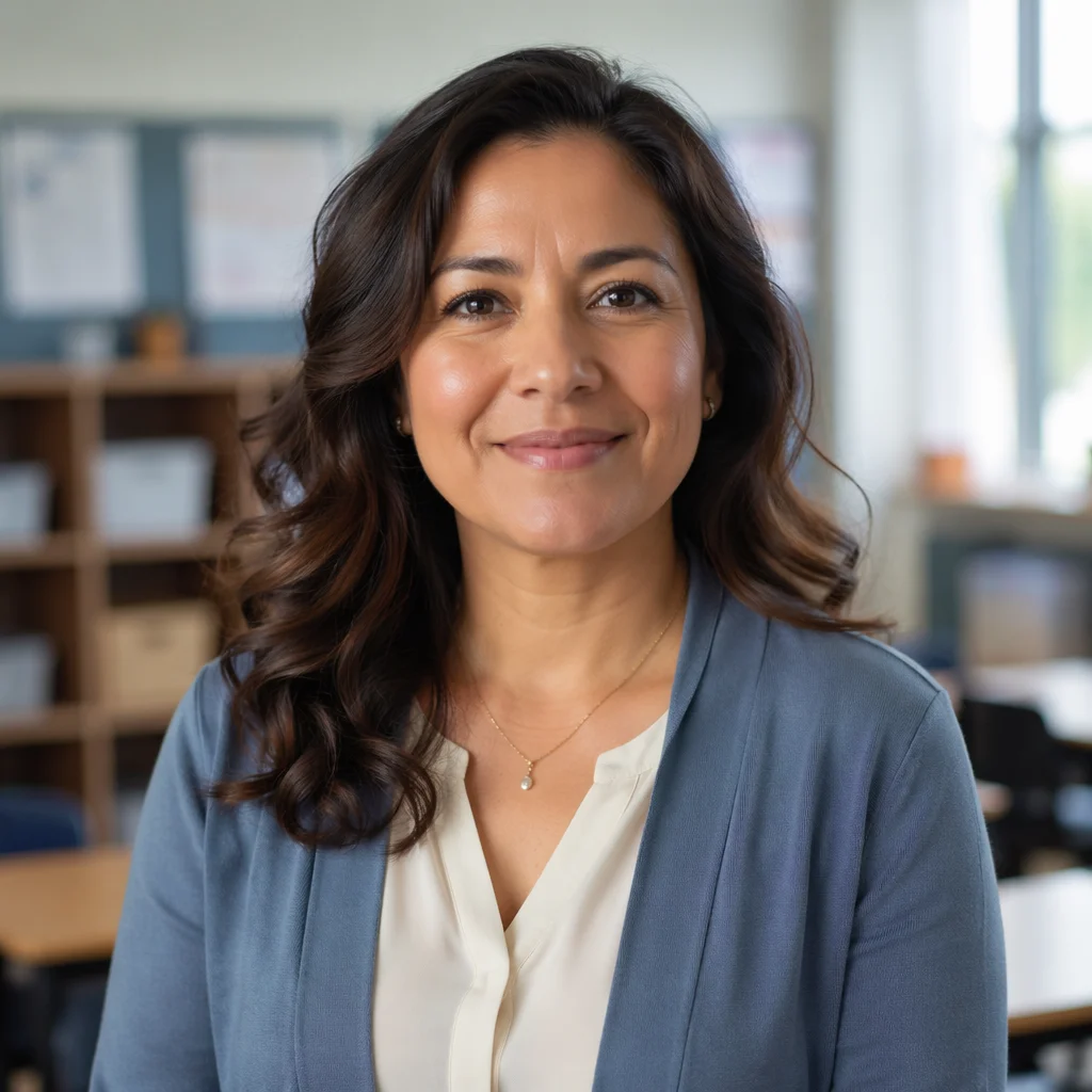 Friendly Teacher Portrait in Modern Classroom