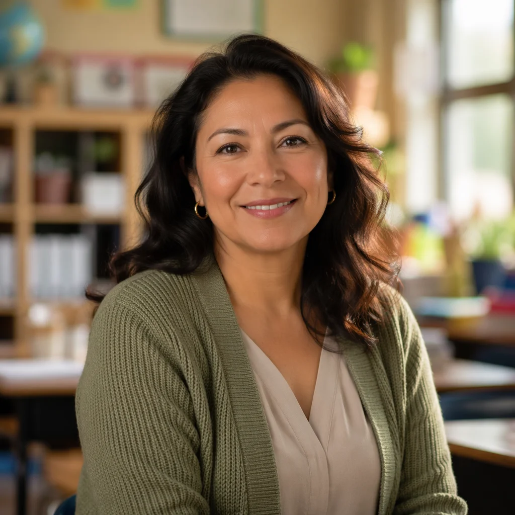 Friendly Teacher Portrait in Bright Classroom