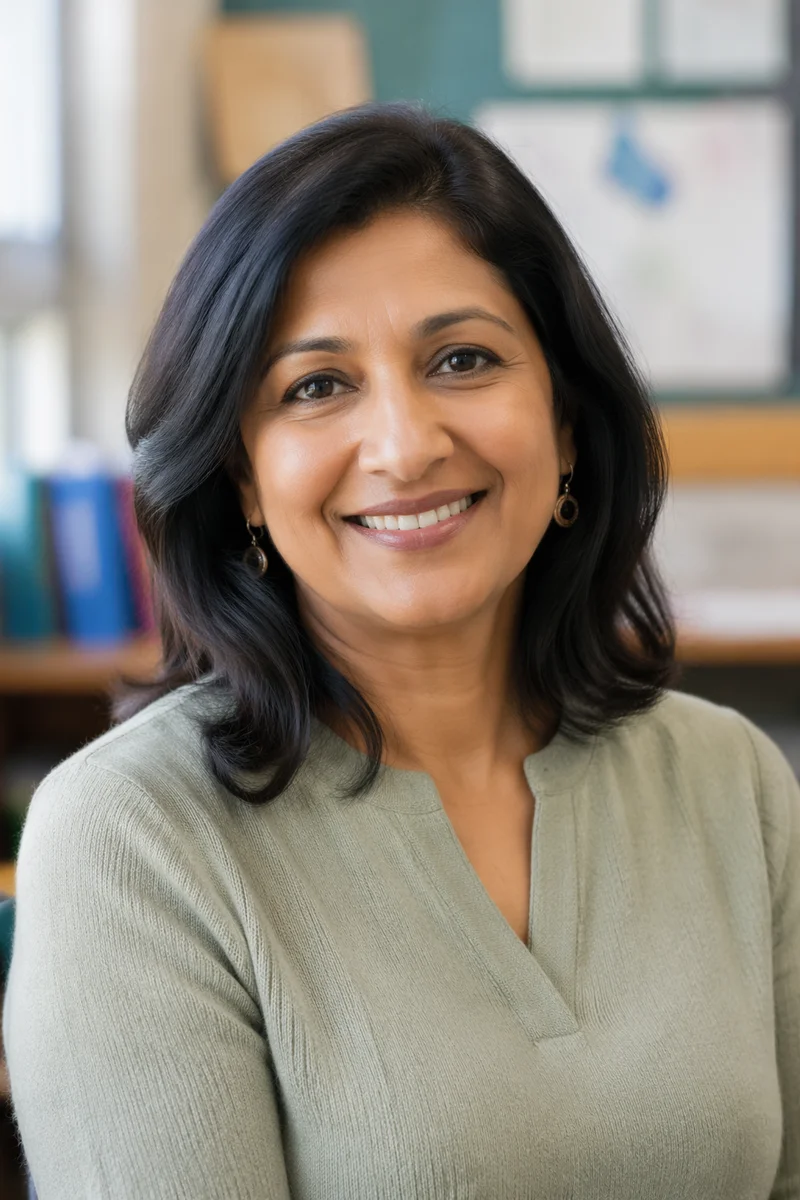 Friendly South Asian Teacher Classroom Headshot