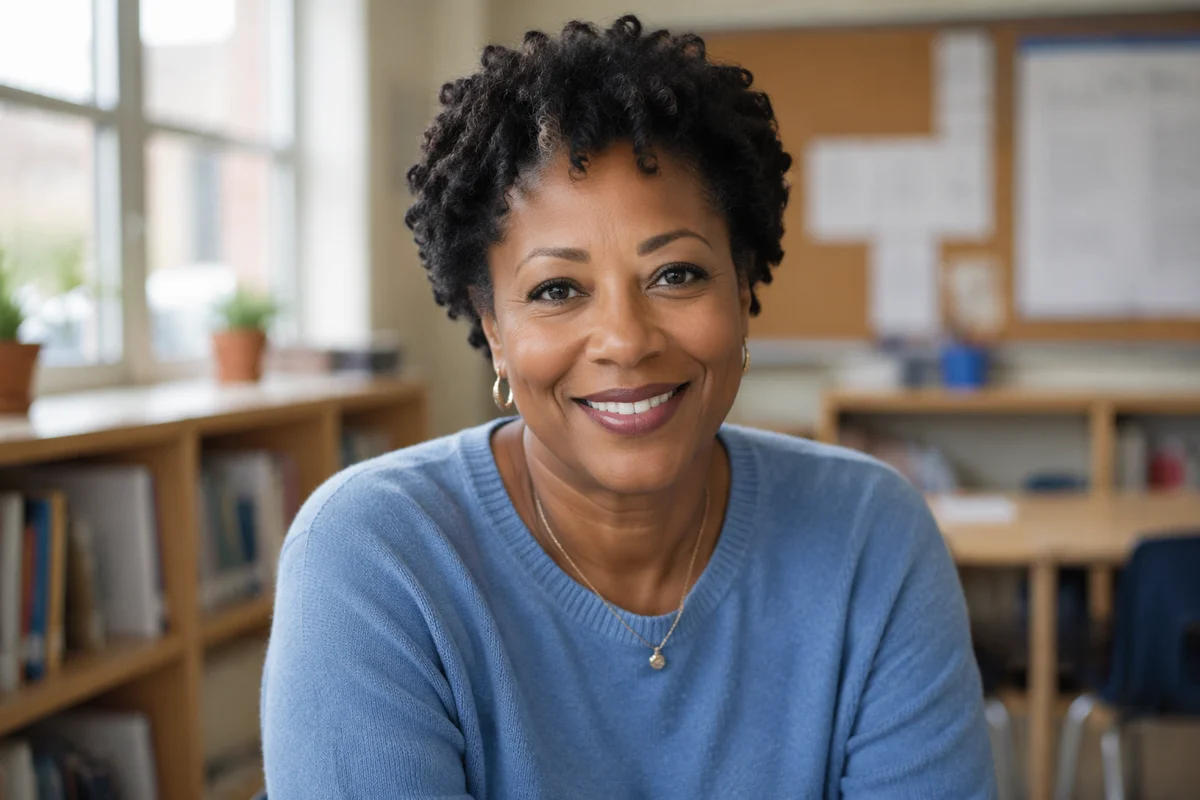 Friendly Teacher Portrait in Bright Classroom