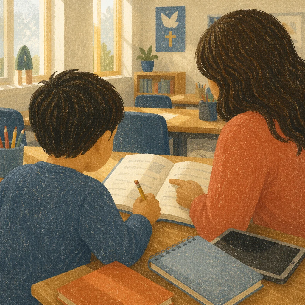 Teacher Guiding Student at Classroom Desk