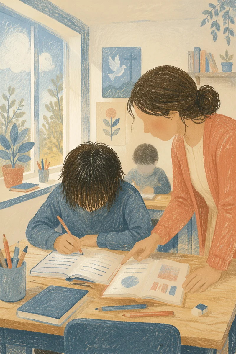 Teacher Assisting Student in Bright Classroom