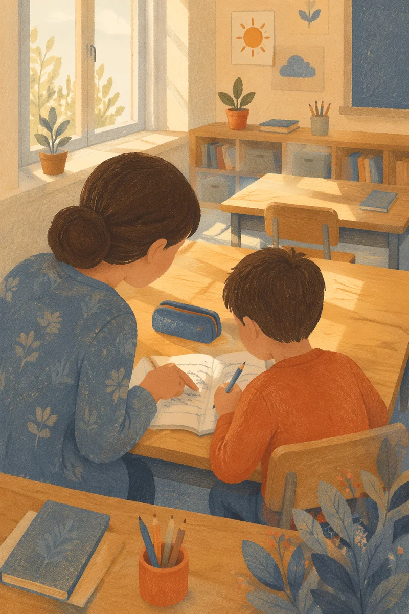 Teacher Guiding Student at Classroom Desk