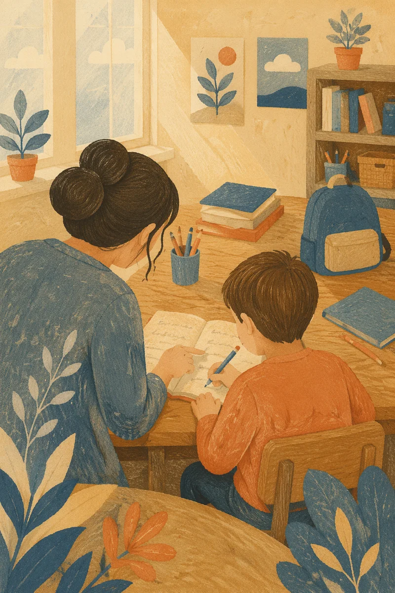 Teacher Helping Student in Sunny Classroom