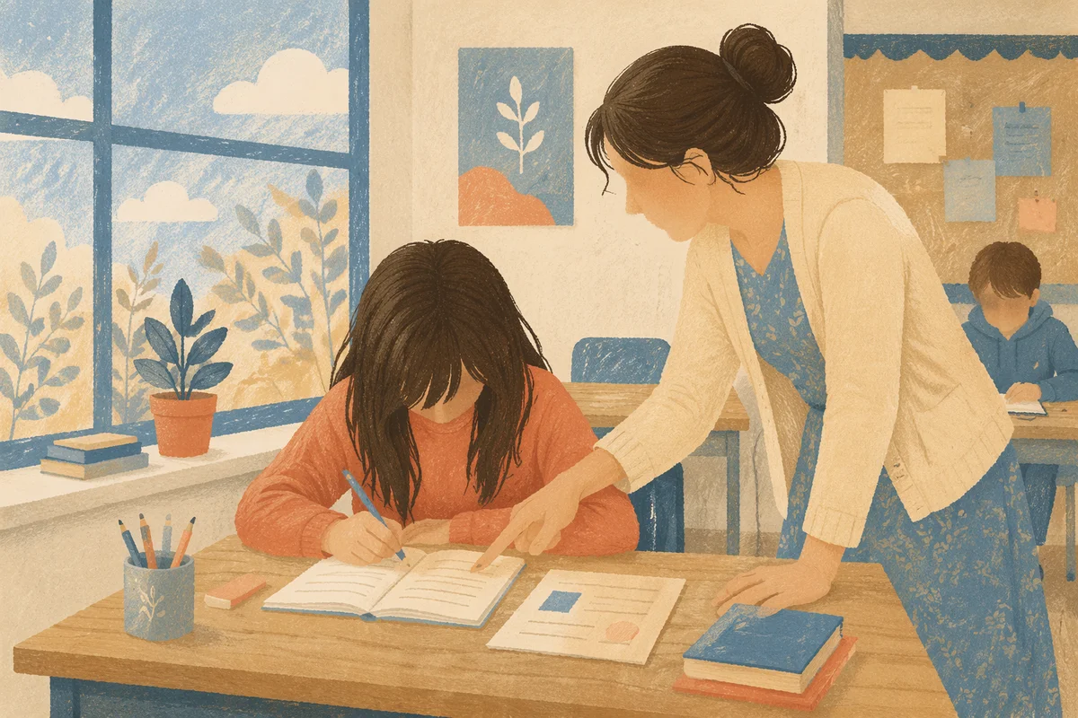 Teacher Supporting Student in Bright Classroom