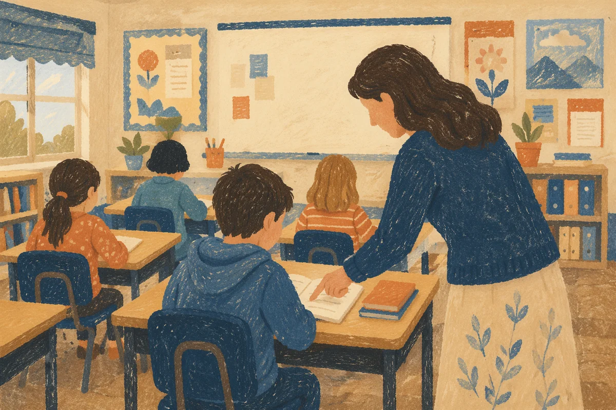 Teacher Guiding Student in Calm Classroom