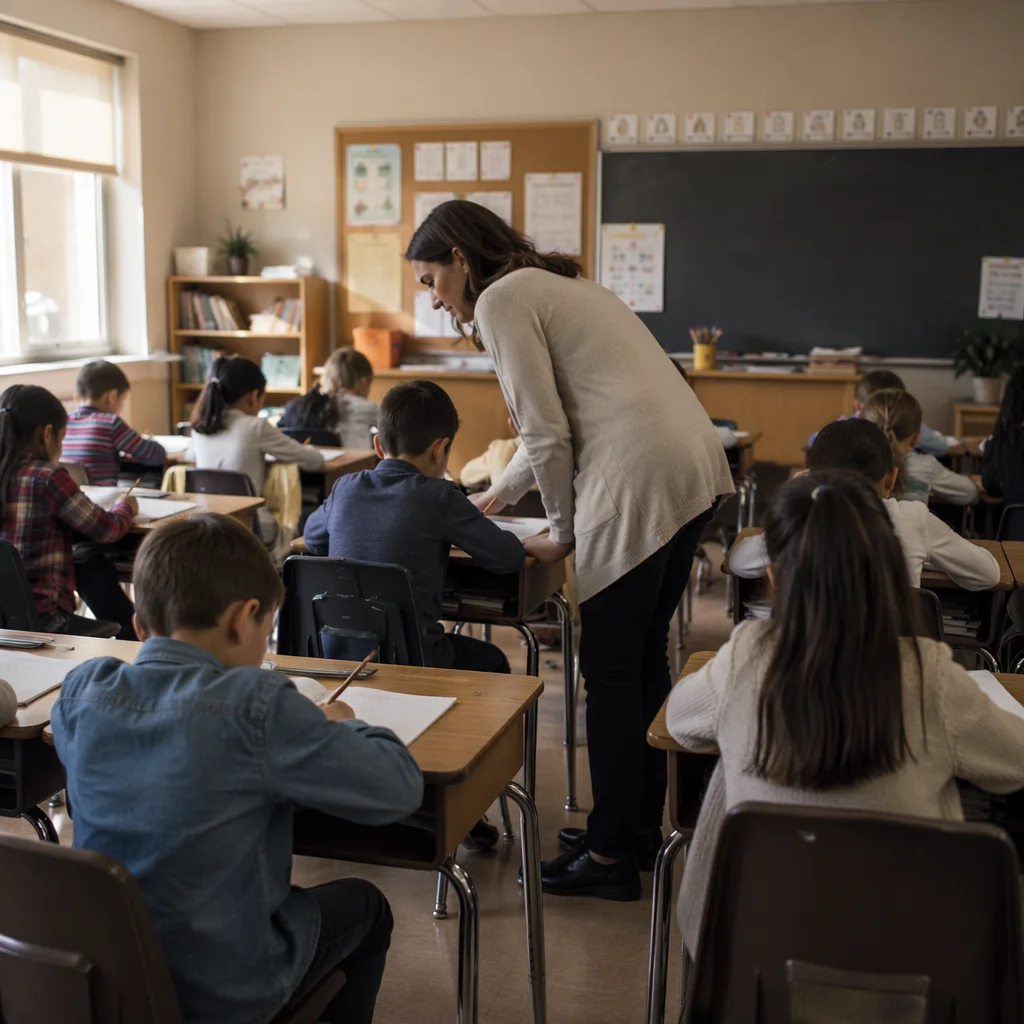 Teacher Assisting Student in Calm Classroom