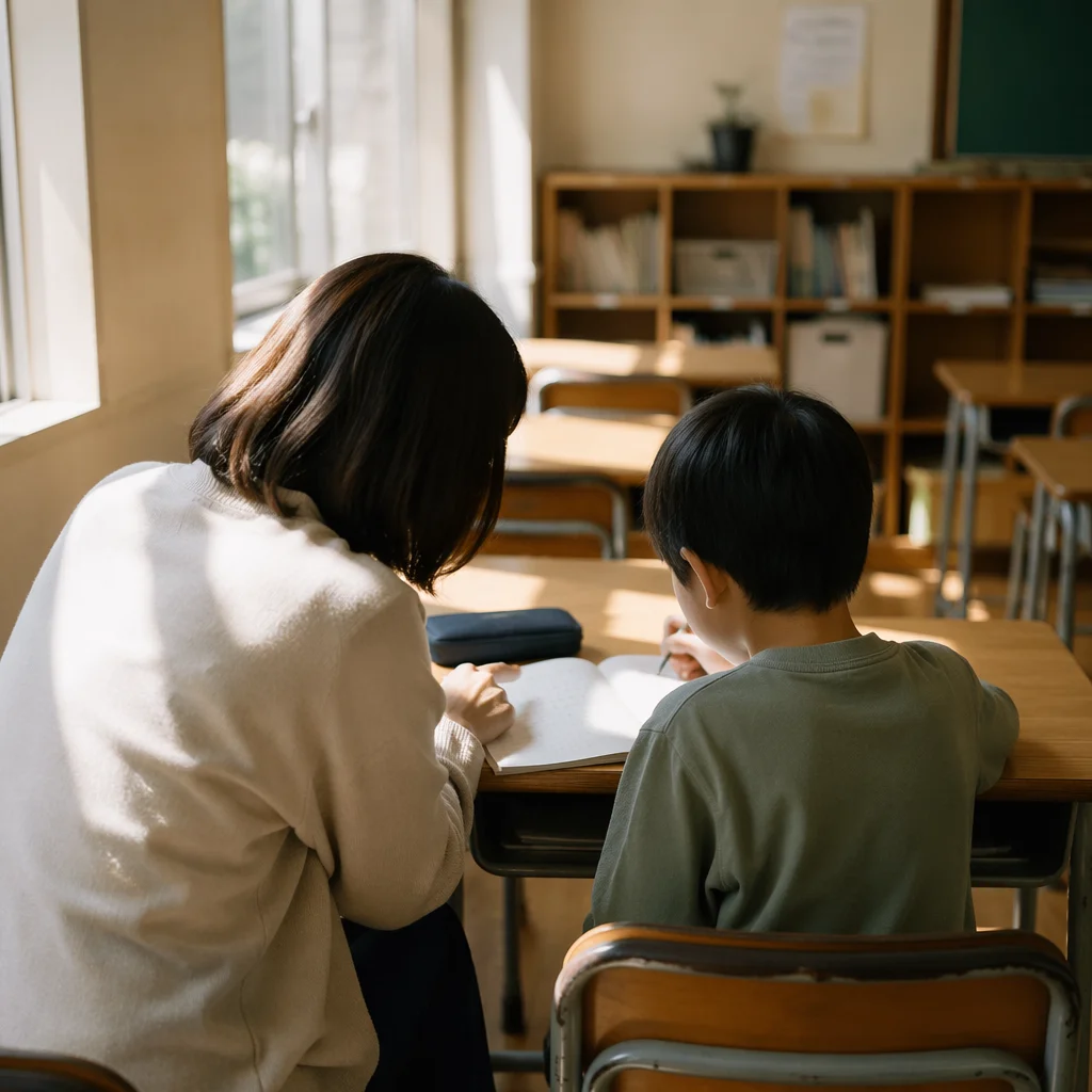 Teacher Helping Student in Sunlit Classroom