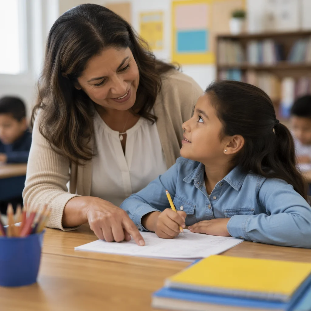 Caring Teacher Helping Student in Classroom