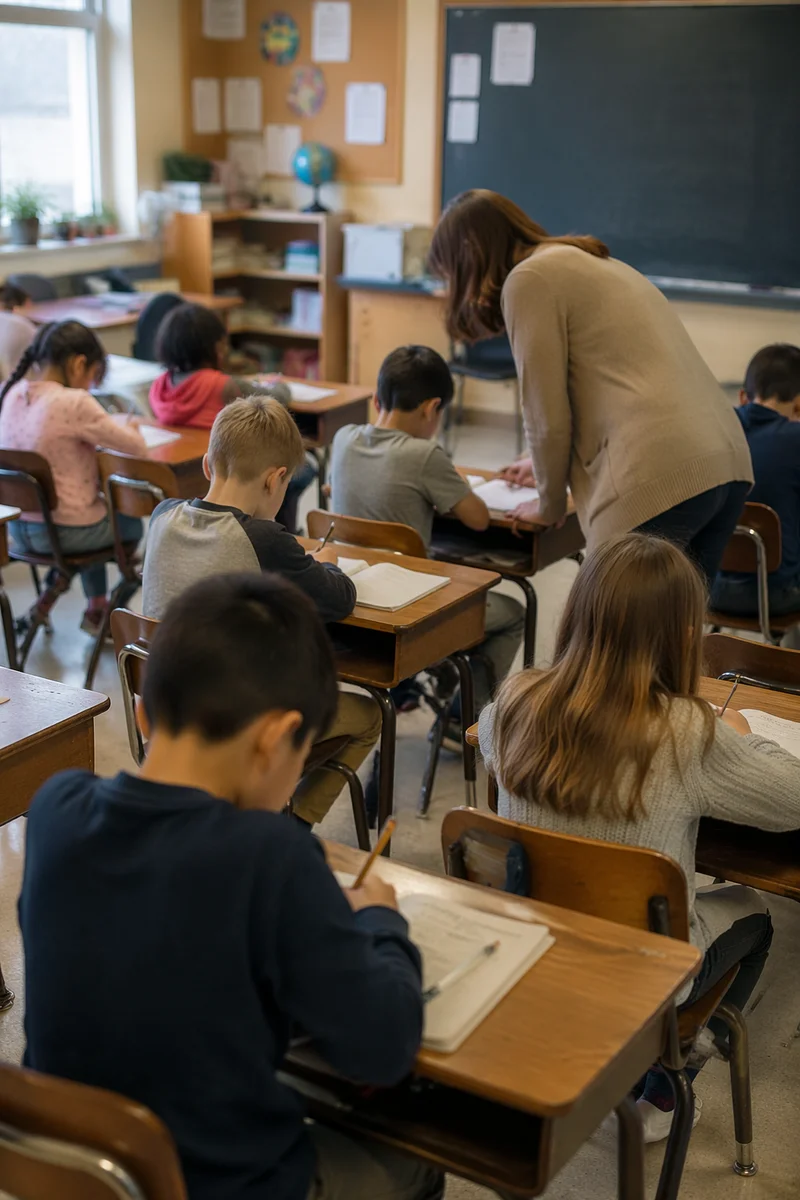 Teacher Assisting Student in Calm Classroom