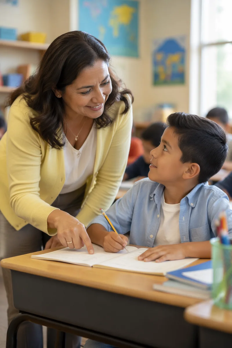 Teacher Helping Student at Classroom Desk
