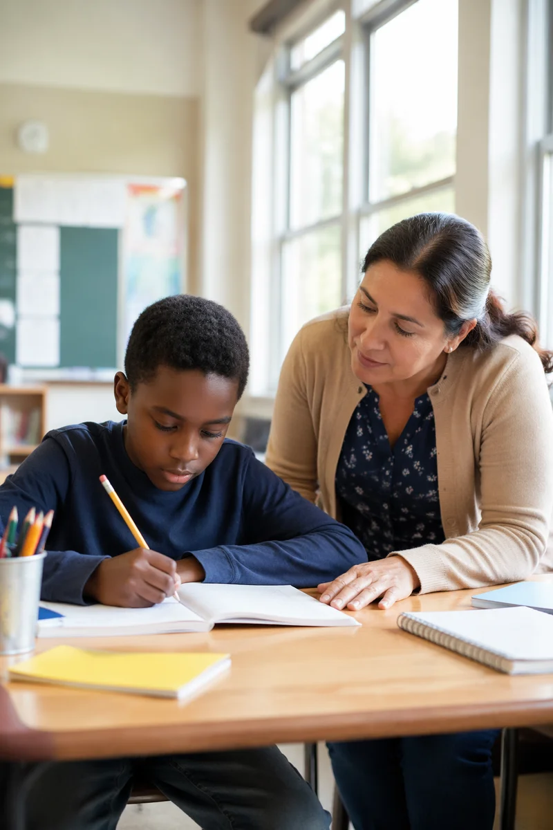 Teacher Helping Student at Classroom Desk