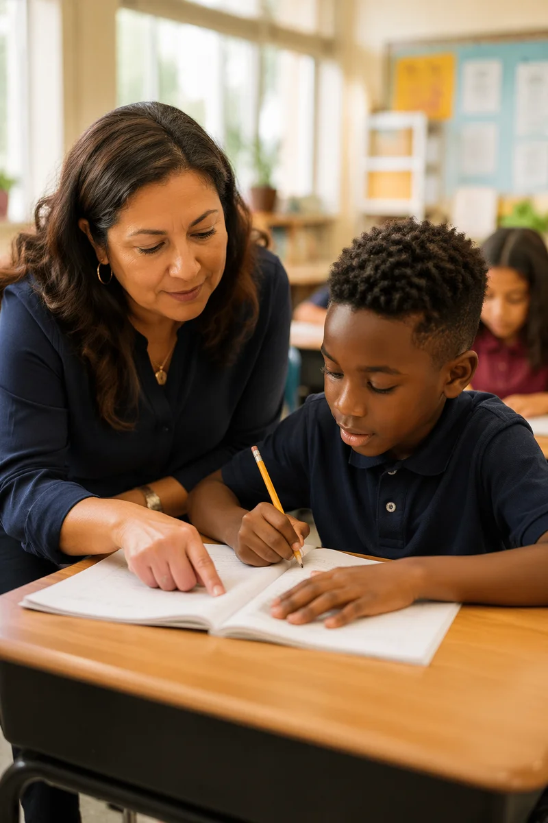 Teacher Helping Student at Classroom Desk