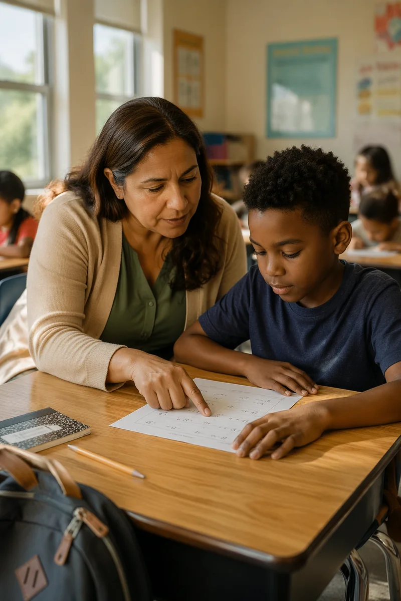 Teacher Helping Student with Math Worksheet
