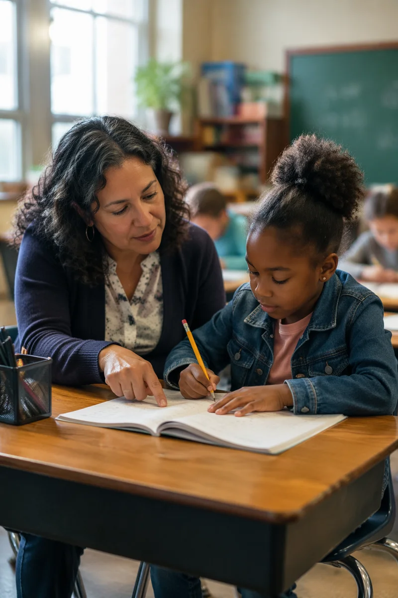 Teacher Helping Student at Classroom Desk