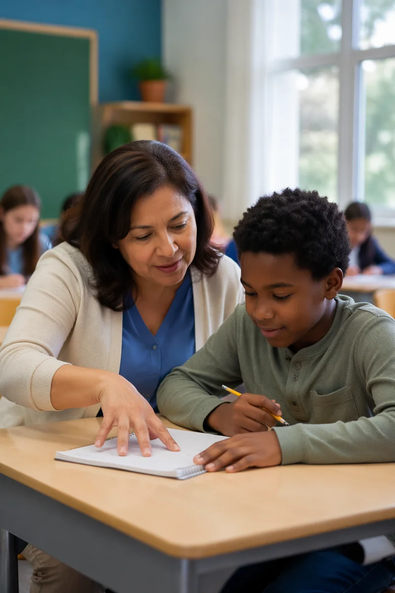 Teacher Helping Student at Classroom Desk