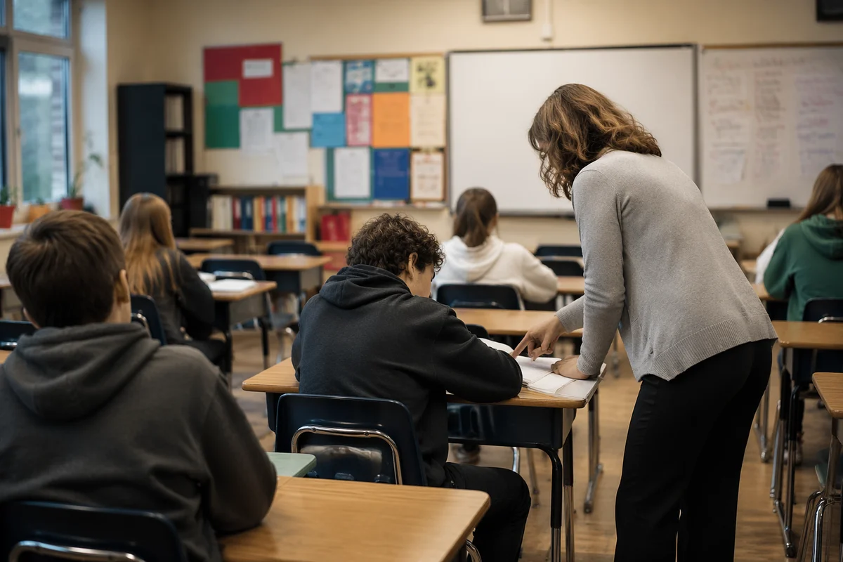Teacher Guiding Student in Calm Classroom