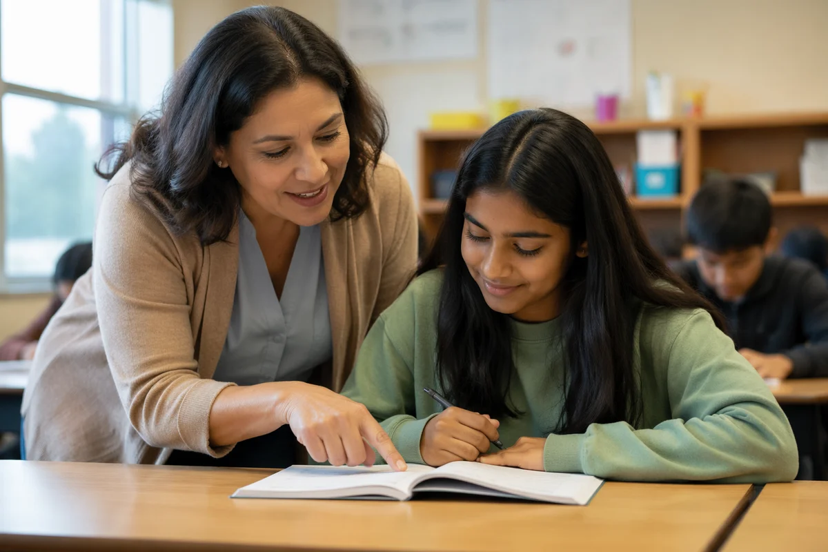 Teacher Helping Student at Classroom Desk