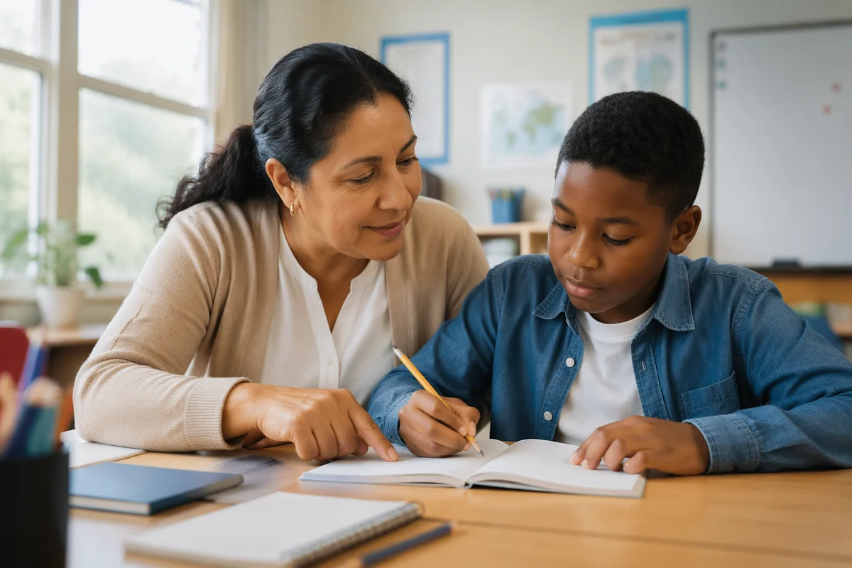Teacher Helping Student at Classroom Desk
