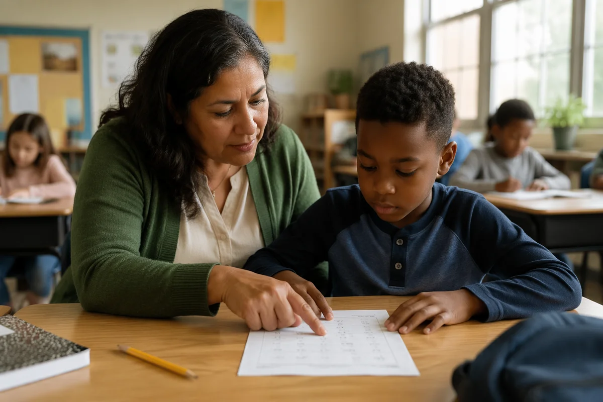 Teacher Helping Student with Math Worksheet